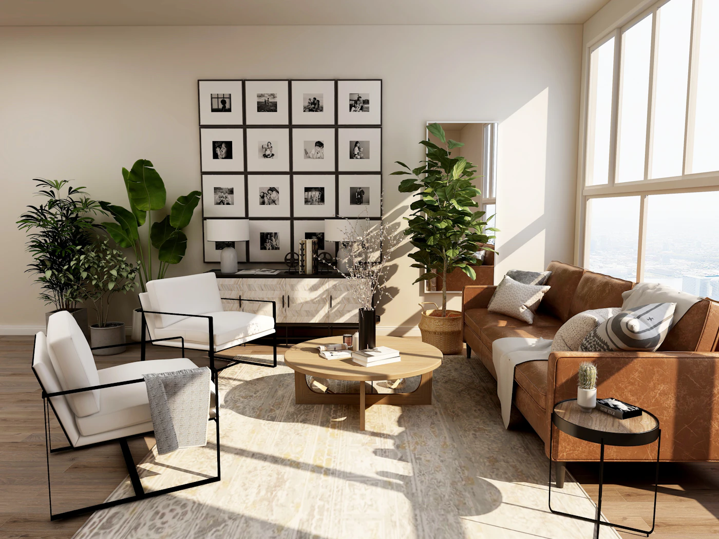 Sunlit living space with pale upholstery, natural wood, and generous glazing